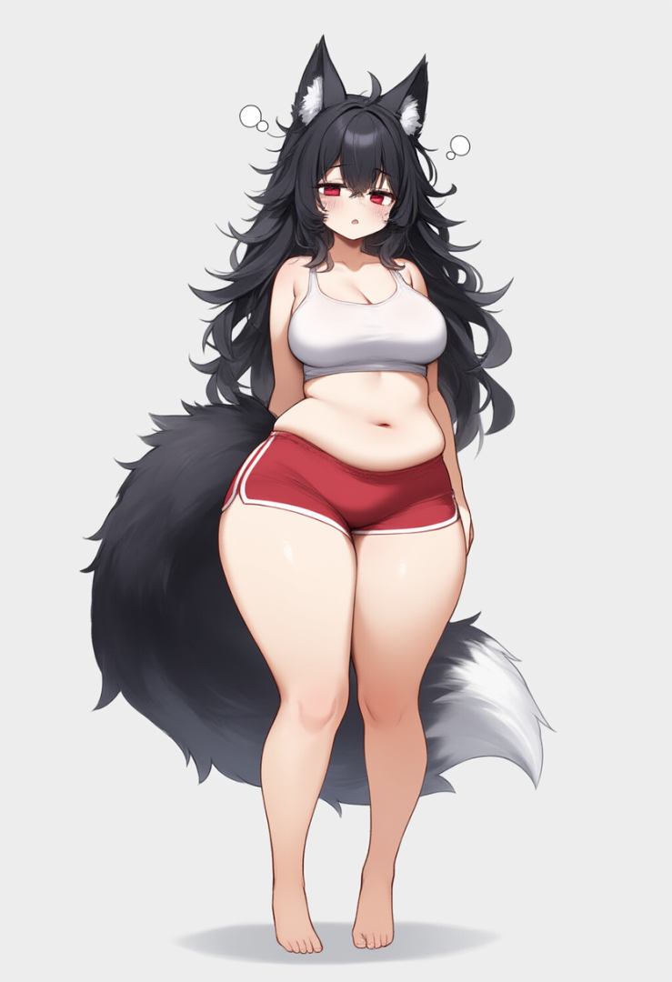 Fox ears, female, black hair, red eyes, long hair ,tired eyes, messy hair, no sh s-1248545539.png