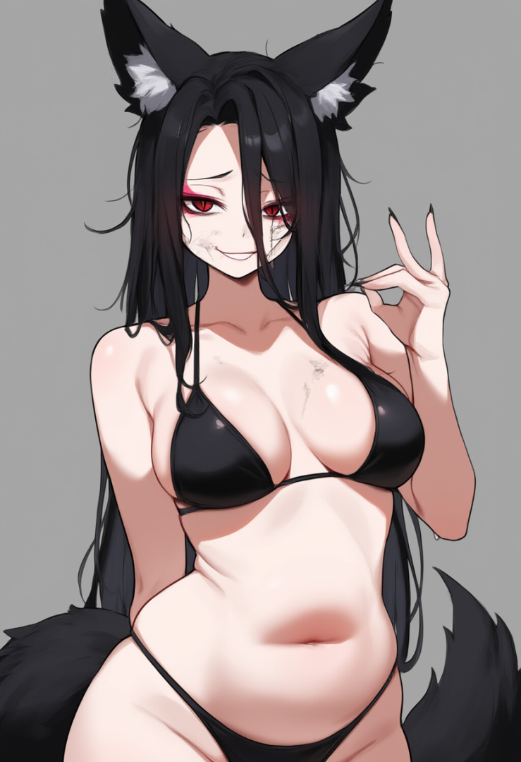 Fox ears, large breasts, cleavage, black hair, red eyes, sexy, smirk, tired eyes s-4294485655.png