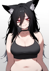 Fox ears, large breasts, cleavage, black hair, red eyes, sexy, smirk, tired eyes s-2643624475.png