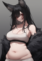 Fox ears, large breasts, cleavage, black hair, red eyes, sexy, smirk, tired eyes s-3876863892.png