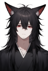 Fox ears, male, black hair, red eyes, kimono, long hair ,tired eyes, messy hair, s-712013131.png