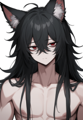 Fox ears, male, black hair, red eyes, long hair ,tired eyes, messy hair, soft fa s-1287023656.png