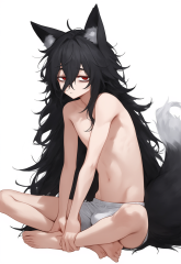 Fox ears, male, black hair, red eyes, long hair ,tired eyes, messy hair, soft fa s-1397410388.png